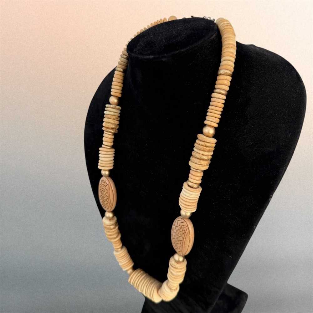 Handmade Carved Wood Tribal Bohemian Chunky Statement Necklace - Picture 3 of 5
